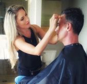 Cindy Stirling does the makeup for Freddie Printz Jr. at Comic Con - San Diego.