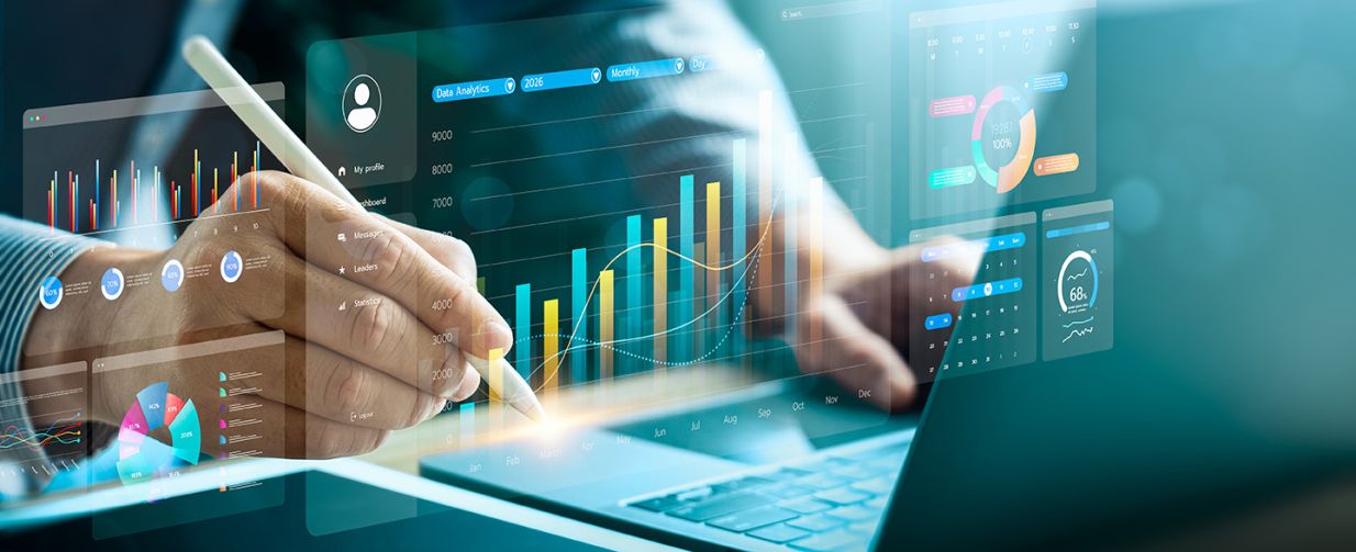 Financial data visualization with digital charts and analytics dashboard, showing business growth, performance metrics, and innovation, representing financial analysis, big data, business intelligence - stock photo