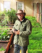 Joe Costion in one of his solar greenhouses.