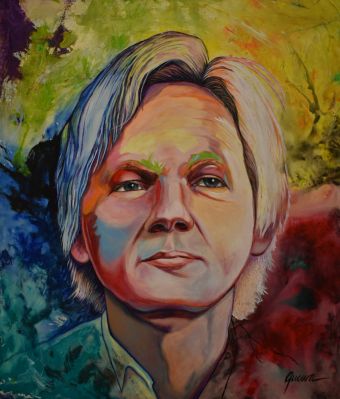 Julian Assange, acrylic on canvas, 48” x 40,” $200