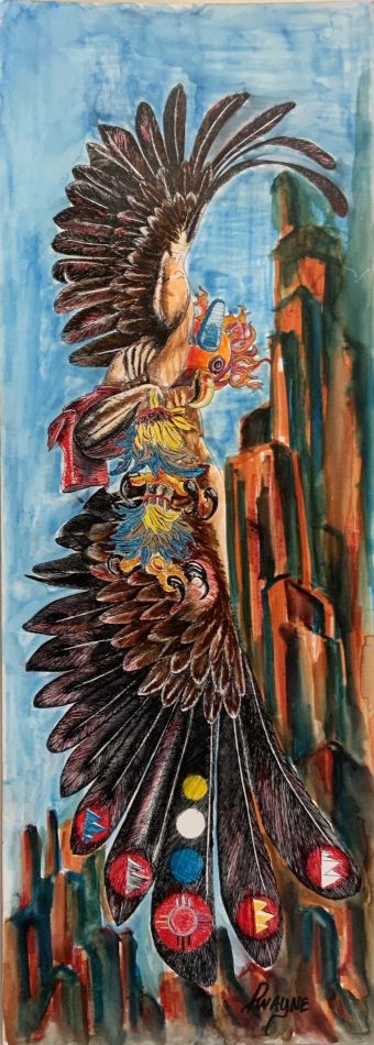 Dwayne Hawk, "Eagle Dance", pen and watercolor, 30” x 10”, $200