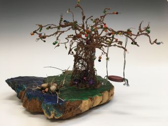 Tammy Snyder, "The “Tree” of Life", copper, glass beads, wood, fingernail polish, 10” x 13” x 5”, $525