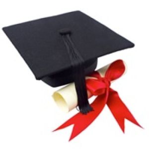Black graduation cap with diploma rapped in red ribbon
